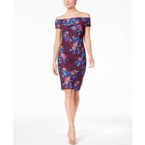 Calvin Klein Floral Print Off The Shoulder Scuba Midi Purple Dress, Size…